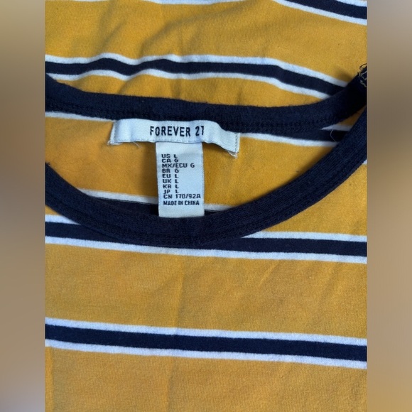 Forever 21 Striped T-Shirt Yellow Blue Crew Neck Short Sleeve Large - Picture 3 of 3